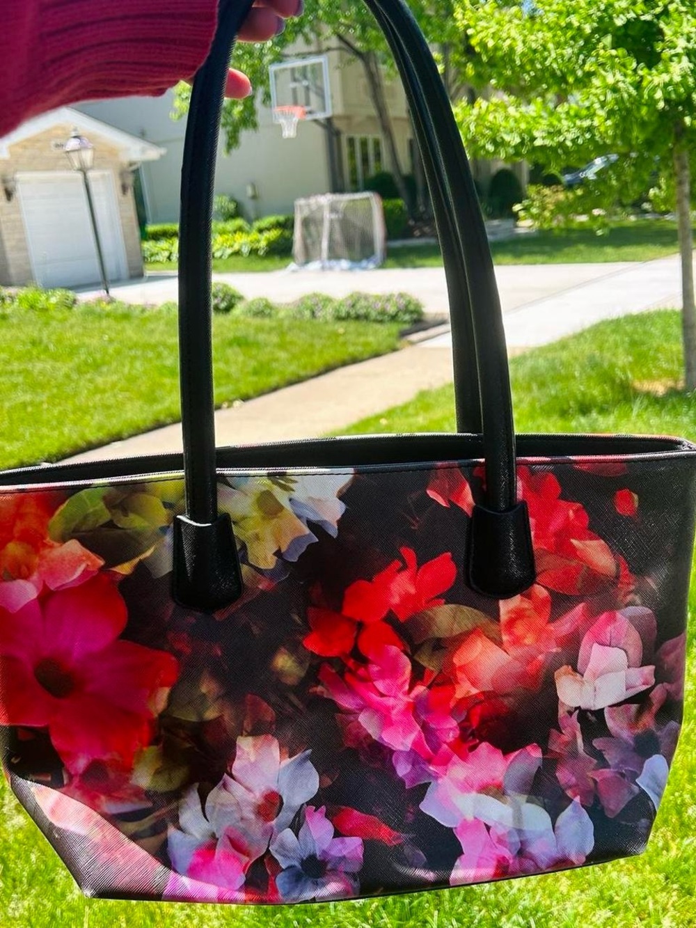 Floral Print Tote Bag with Black Handles - Pink/Red Floral